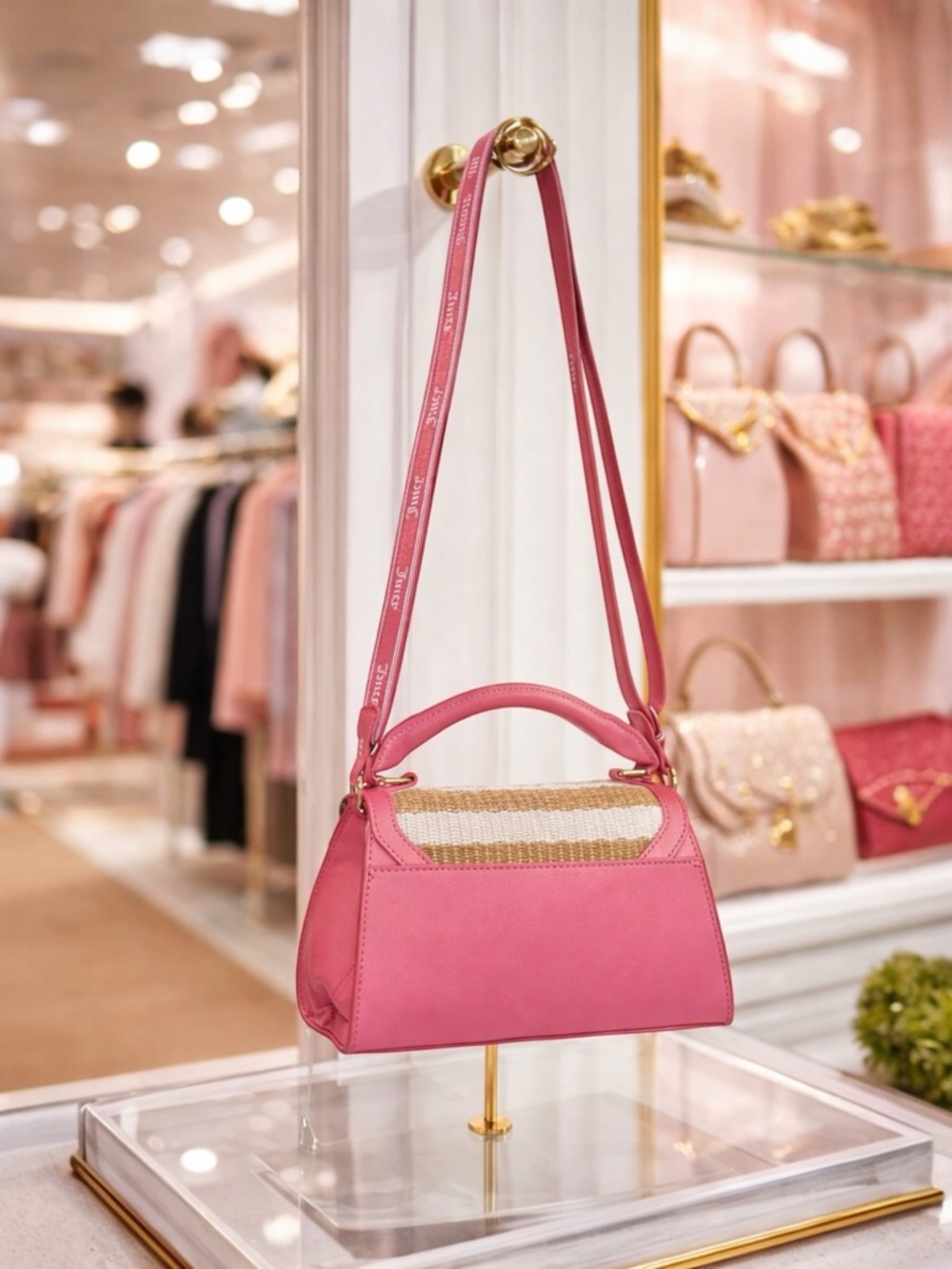 Juicy Couture Straw & Pink Crossbody Bag/Purse Adjustable Logo Strap Summer Chic - Picture 3 of 13